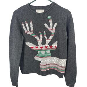 RUBY MOON Reindeer Sweater Size Small Gray Christmas Holiday Print Knit Blend